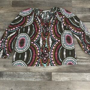 Marie Oliver silk geometric blouse long sleeve tie keyhole Sz L